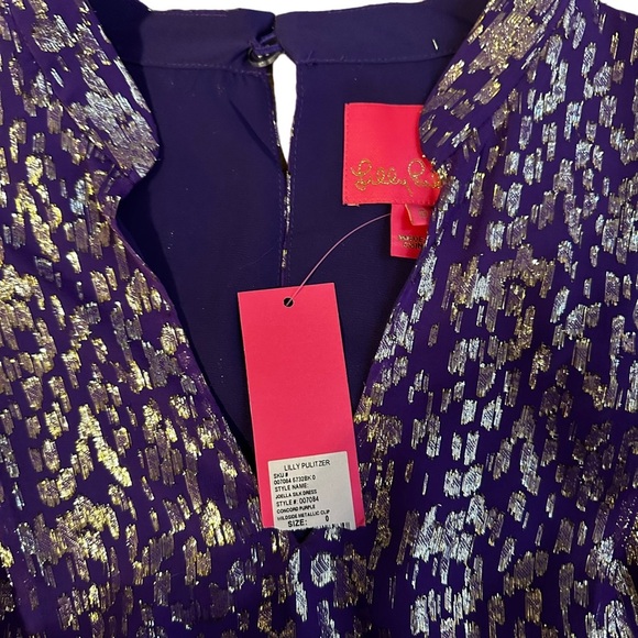 Lilly Pulitzer NWT Joella Silk Dress Purple Wildside Metallic Dress Size 0 - Picture 3 of 5